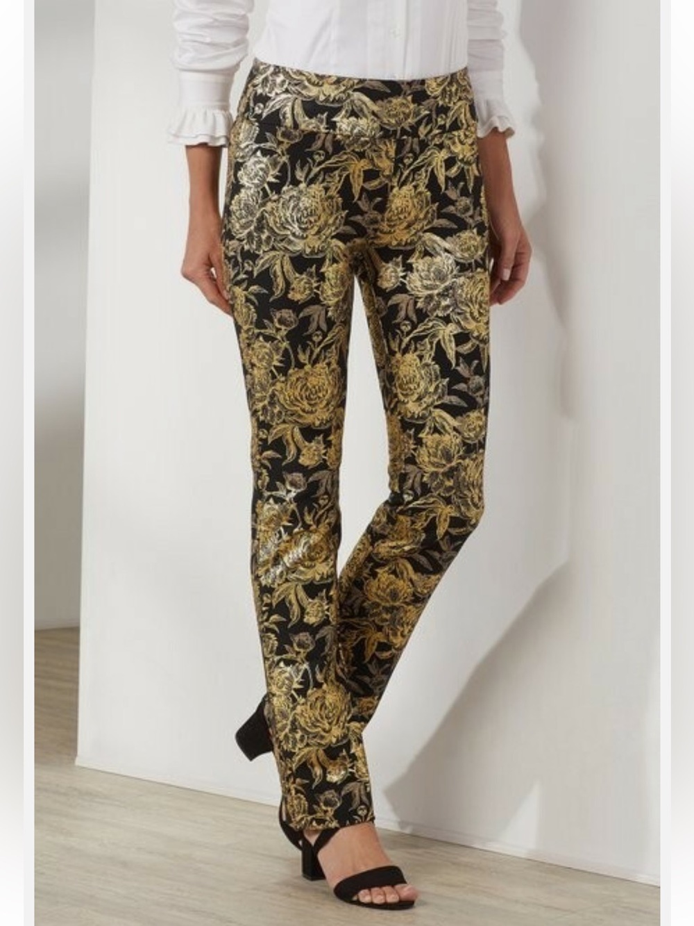 Soft Surroundings Mini Boot Moonstruck Pants Gold Floral Brocade Sz XL